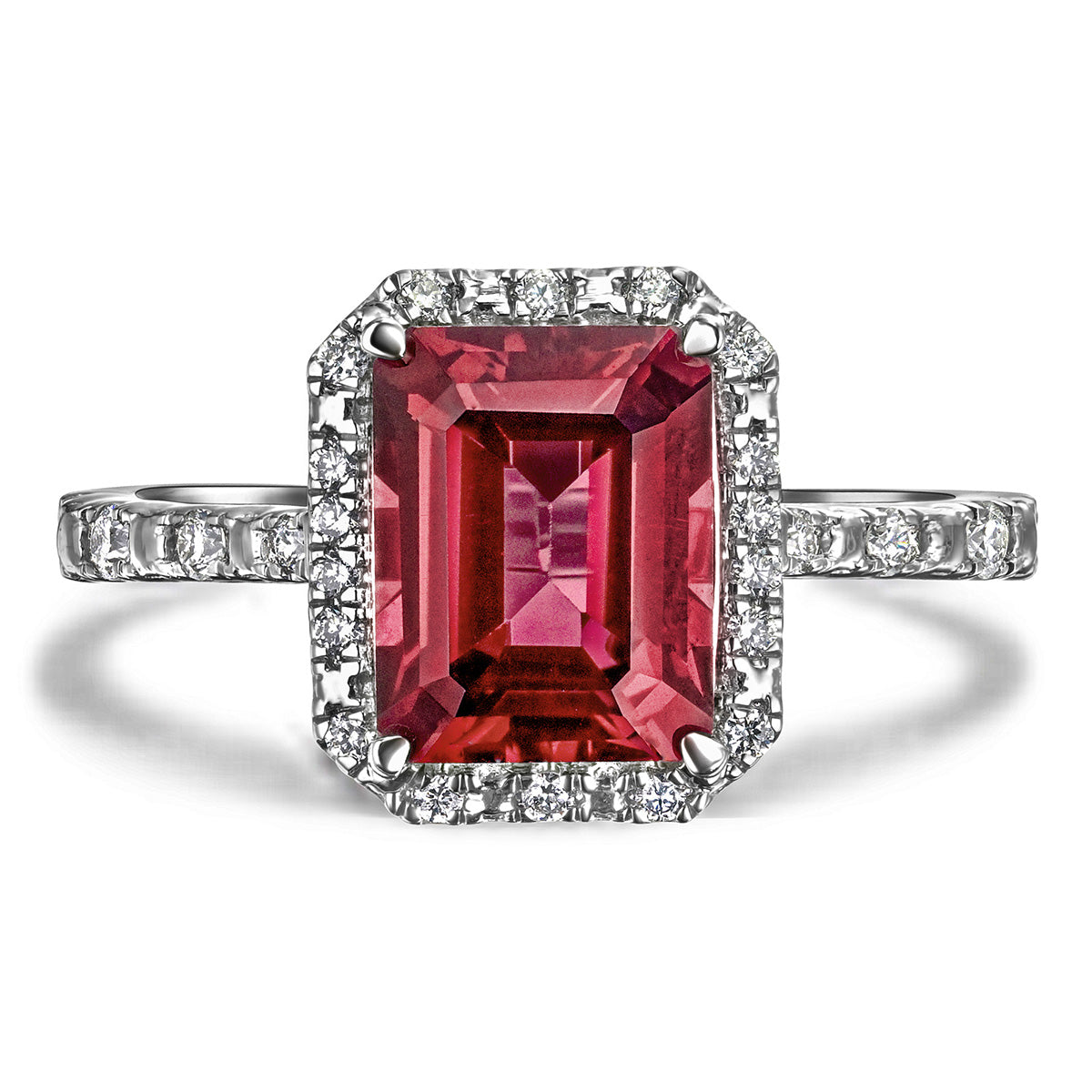 Astra 1.90ct Lab Ruby and Diamond Halo Shoulder Set Octagon Cut Ring in Silver